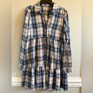 Francesca’s Mi Ami Wendy plaid tiered shirt dress in blue/pink, Large, NWOT